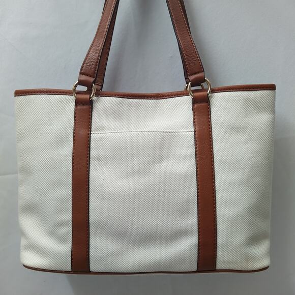 Michael Kors Jet Set Ivory Canvas Leather Trim Double Handles Tote Bag - Picture 2 of 16